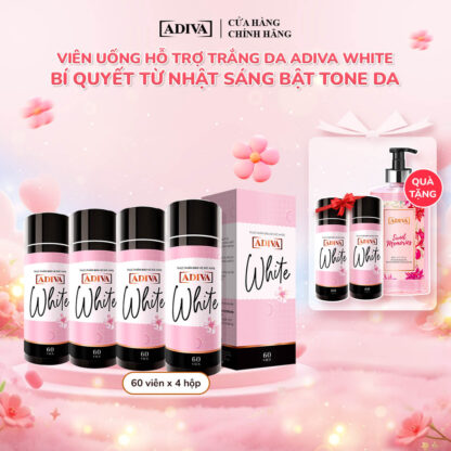 Combo 4 WHITE ADIVA (60 viên/hộp) 2,620k giảm còn 2,358k tặng: 2 WHITE ADIVA (60 viên/hộp) + 1 Sữa tắm ADIVA Sweet Memories