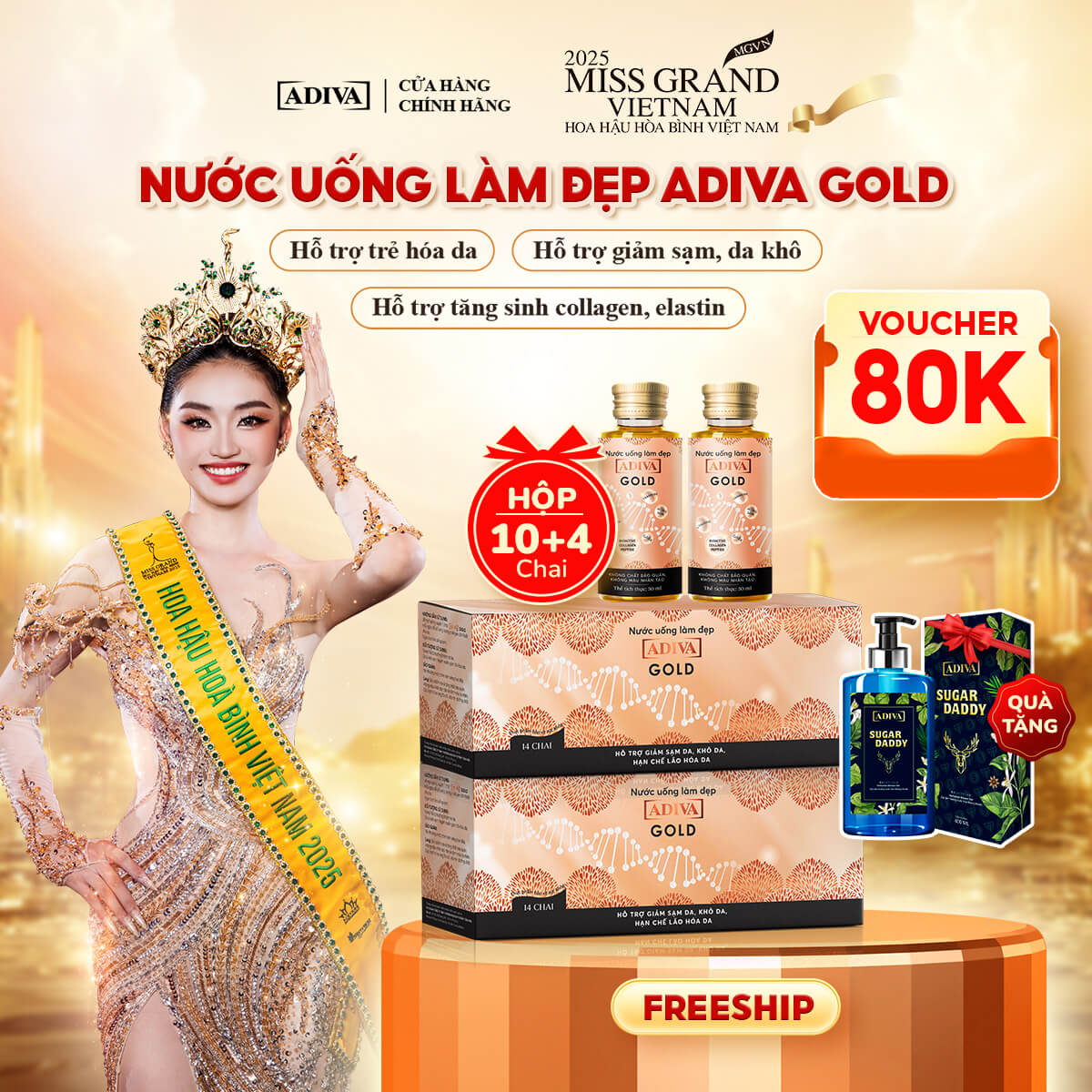 Combo 2 hộp COLLAGEN ADIVA GOLD 1,996k tặng 1 Sữa tắm hương nước hoa ADIVA Sugar Daddy