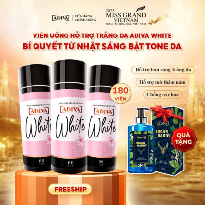 Combo 3 WHITE ADIVA (60 viên/hộp) 1,965k giảm còn 1,770k tặng 1 Sữa tắm hương nước hoa ADIVA Sugar Daddy