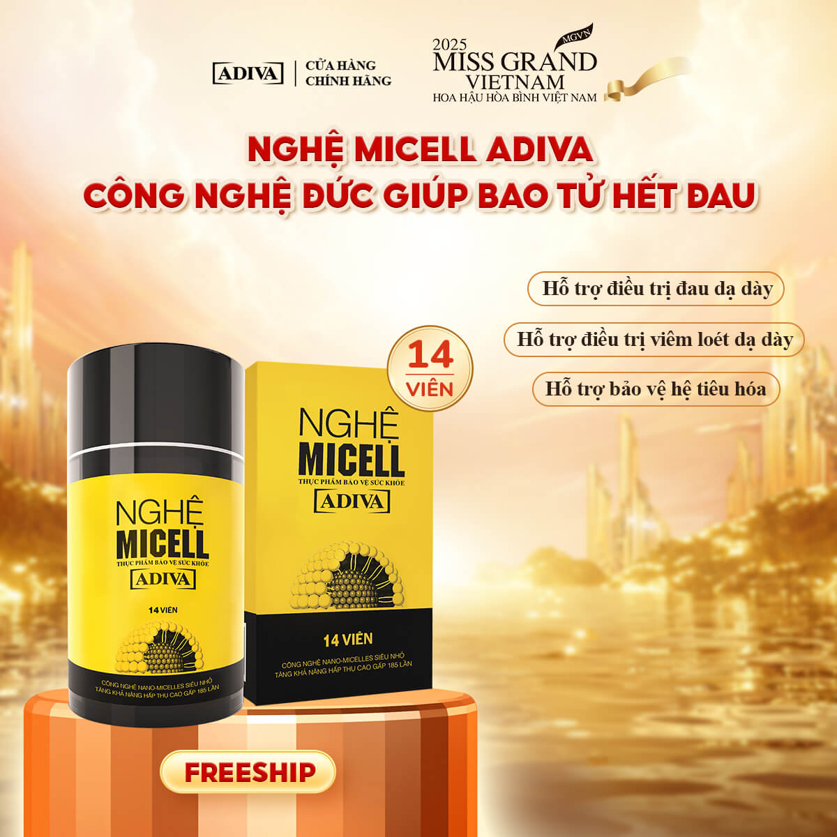 Thực phẩm bảo vệ dạ dày Nghệ Micell ADIVA 14 viên