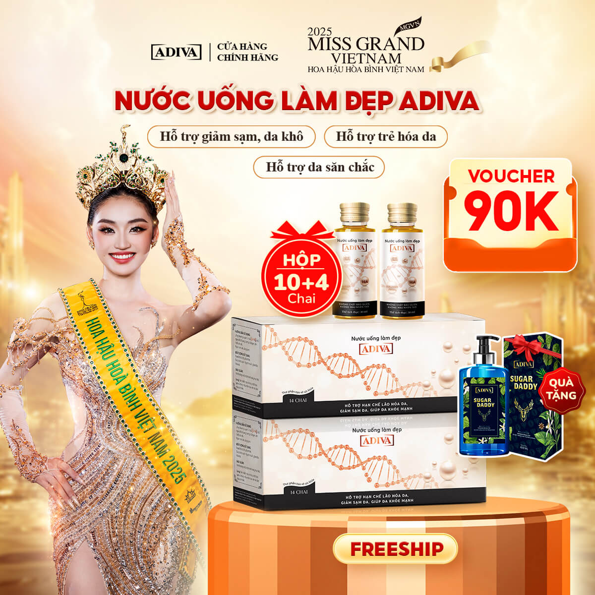 Combo 2 hộp COLLAGEN ADIVA 1,622k tặng 1 Sữa tắm hương nước hoa ADIVA Sugar Daddy