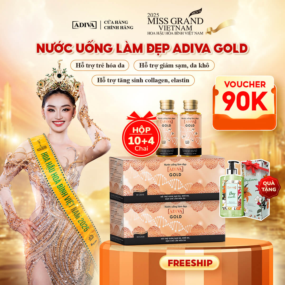 Combo 2 hộp COLLAGEN ADIVA GOLD 1,996k tặng 1 Sữa tắm hương nước hoa ADIVA Day Dreamer