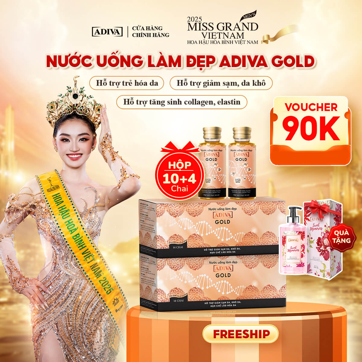 Combo 2 hộp COLLAGEN ADIVA GOLD 1,996k tặng 1 Sữa tắm hương nước hoa ADIVA Sweet Memories