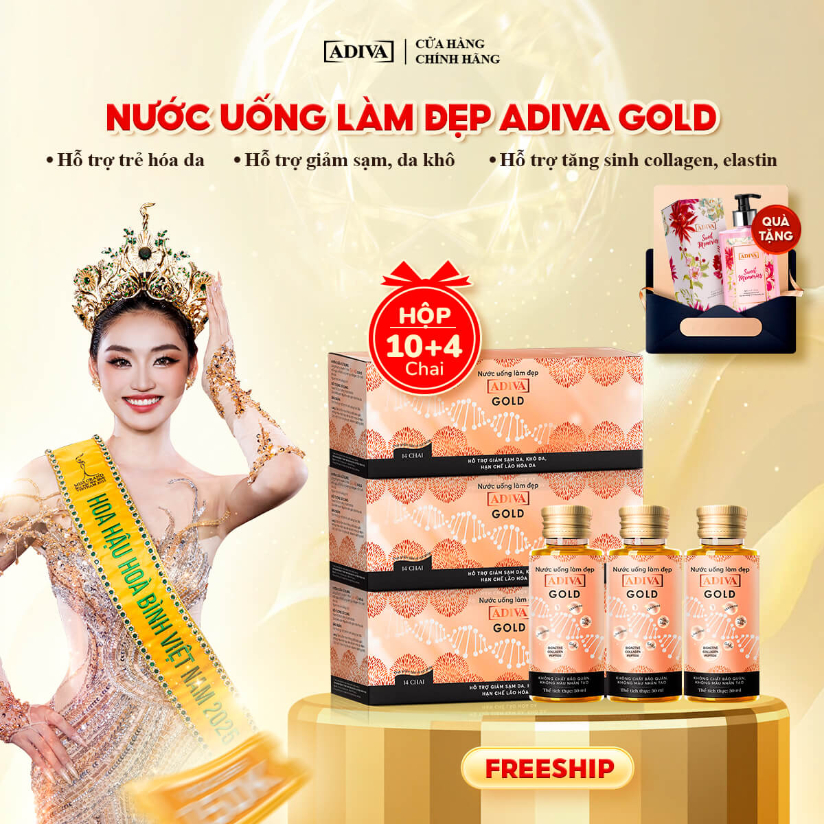 Combo 3 hộp COLLAGEN ADIVA GOLD 2,994k tặng 1 Sữa tắm hương nước hoa ADIVA Sweet Memories
