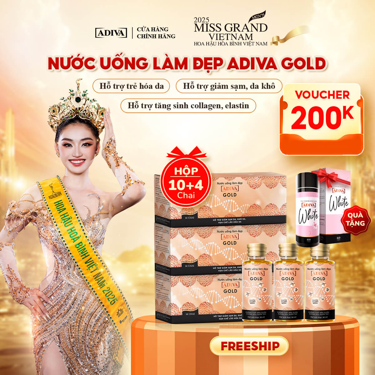 Combo 3 hộp COLLAGEN ADIVA GOLD 2,994k tặng 1 viên uống trắng da WHITE ADIVA 60 viên