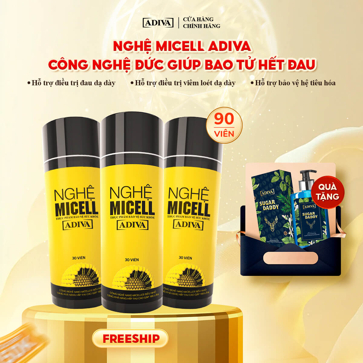 Combo 3 NGHỆ MICELL ADIVA (30 viên/hộp) 1,890k giảm còn 1,701k tặng 1 Sữa tắm hương nước hoa ADIVA Sugar Daddy